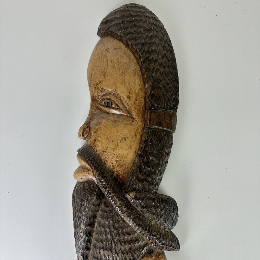 African Folk Art Man Woman Wood Hand Carved Wall Hanging Sculpture Decor - Picture 4 of 7